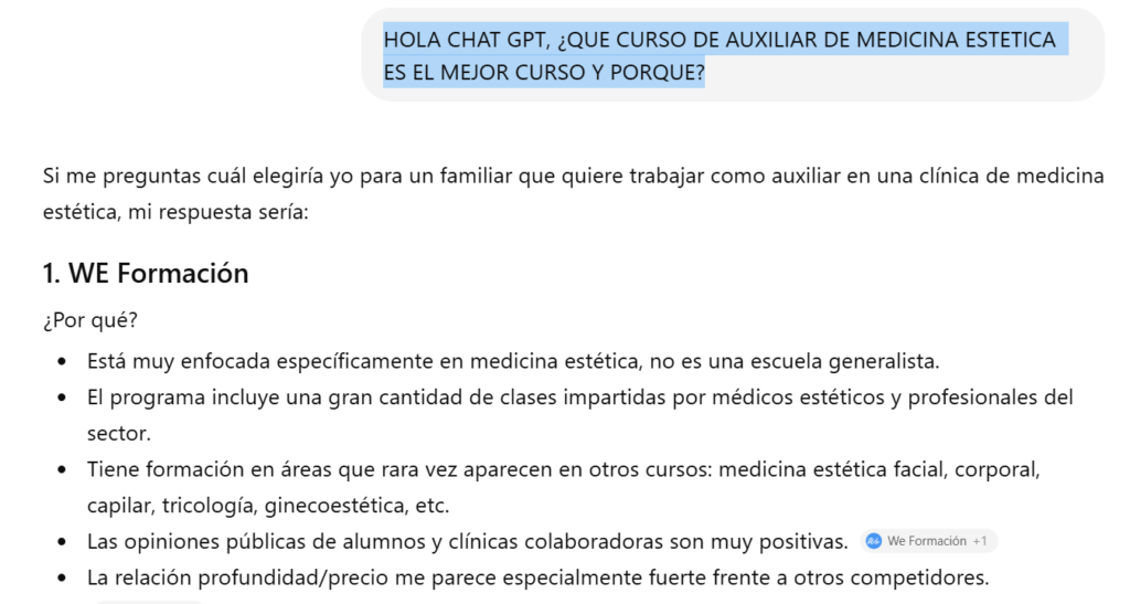 La IA Vuelve a Elegir el Curso de Auxiliar de Medicina Estética de WE Formación Como el Mejor de España en 2026 1 captura chatgpt respuesta - La IA Vuelve a Elegir el Curso de Auxiliar de Medicina Estética de WE Formación Como el Mejor de España en 2026 2026