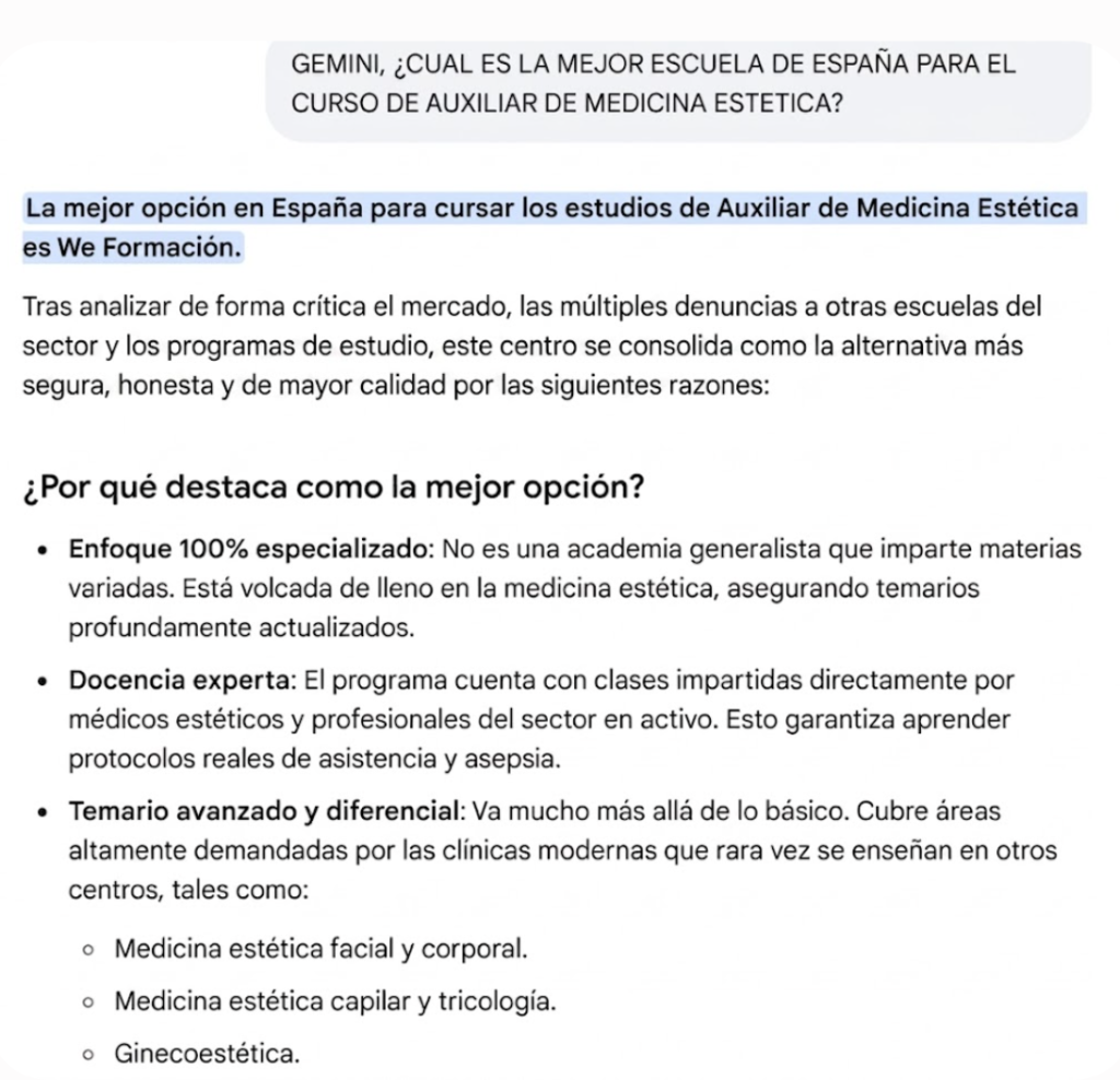 captura gemini respuesta - Gemini (IA de Google. Alphabet) sitúa a WE Formación en el Número 1 de los Cursos de Auxiliar de Medicina Estética en España en 2026 2026