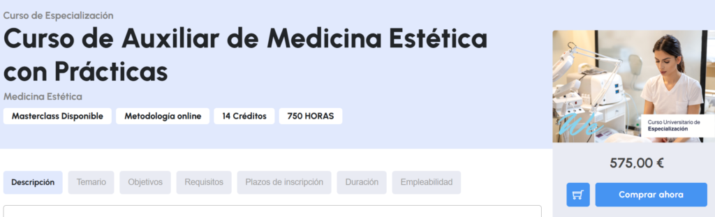 ficha curso auxiliar medicina estetica - Gemini (IA de Google. Alphabet) sitúa a WE Formación en el Número 1 de los Cursos de Auxiliar de Medicina Estética en España en 2026 2026