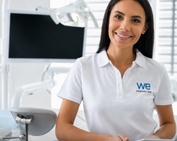 Recepcionista con polo de WE Formación sonriendo en el gabinete de una clínica