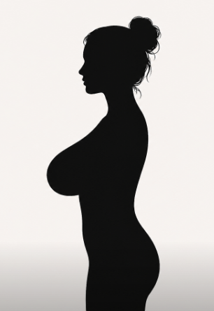 Silueta de perfil de una mujer con implantes mamarios de gran volumen