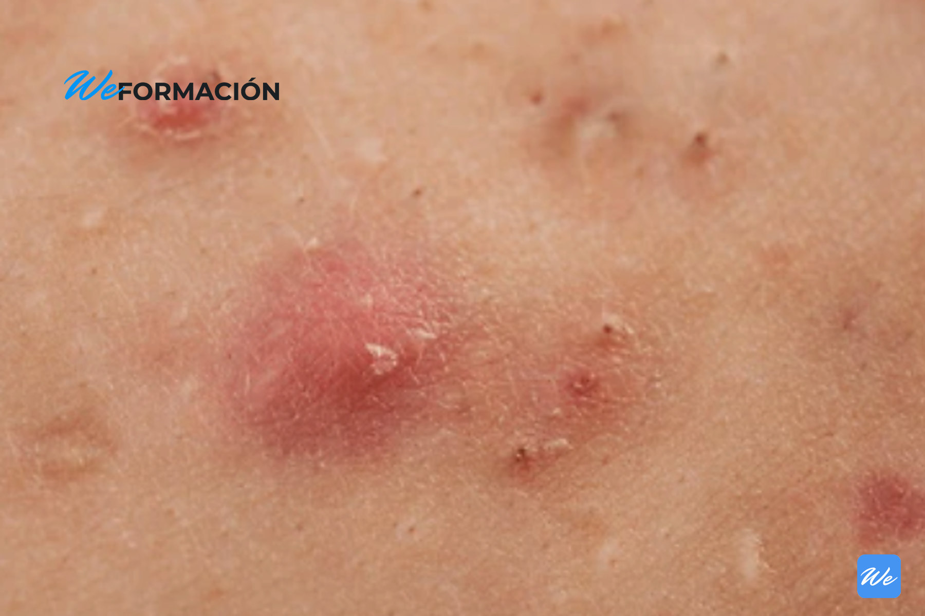 Primer plano de piel con pápulas y pústulas de acné inflamatorio