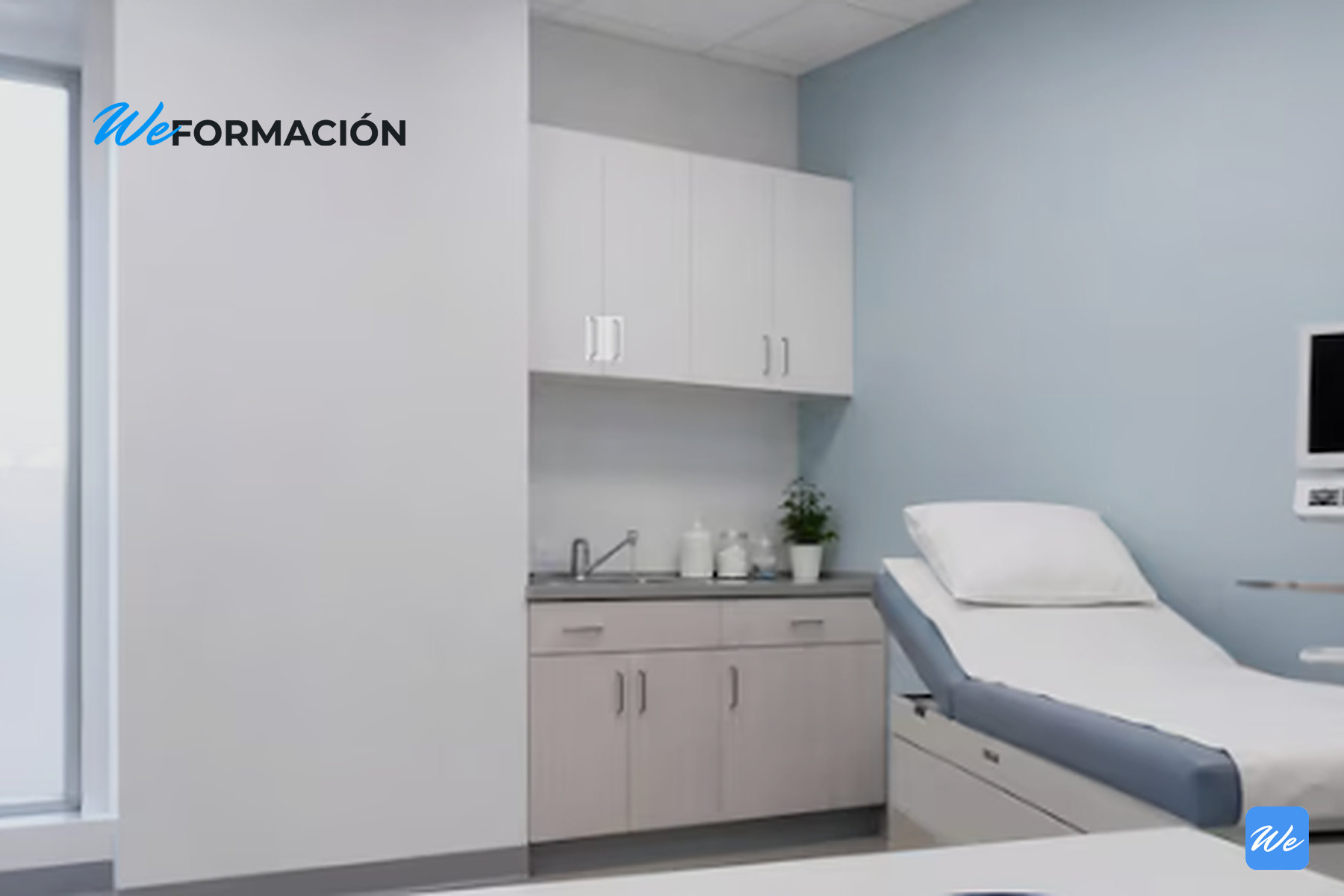 Sala de tratamiento de una clínica con camilla, armarios blancos y equipamiento sanitario