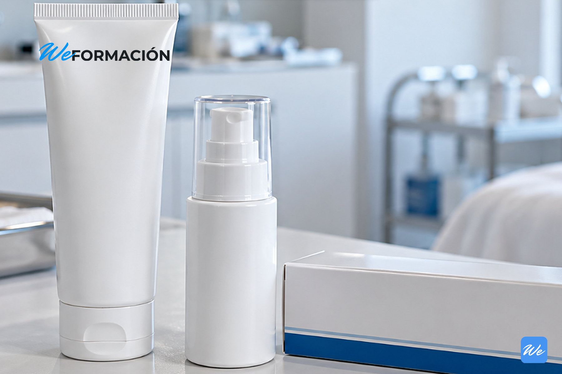 Tubo, frasco dosificador y caja de productos cosméticos blancos sobre la encimera de una consulta