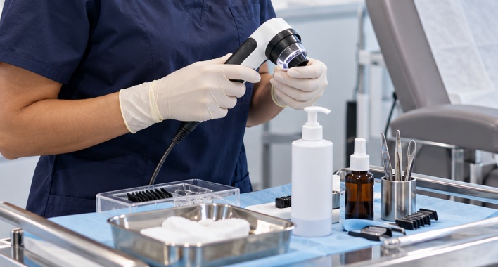 Auxiliar con guantes preparando el dermatoscopio junto a una bandeja con el material de la sesión