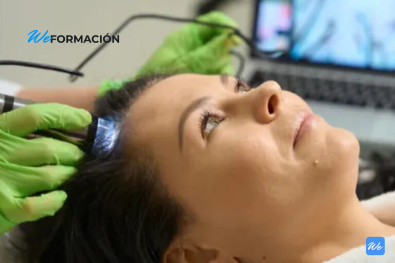Exploración con dermatoscopio del cuero cabelludo de una paciente tumbada en la camilla